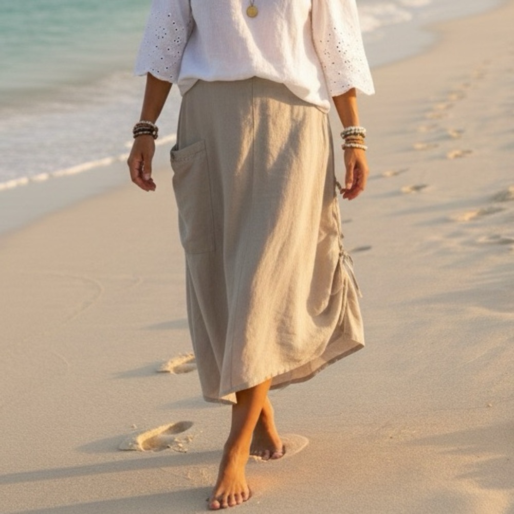 NEW Royce Linen One Pocket Midi Skirt with Optional Side Ties Size S